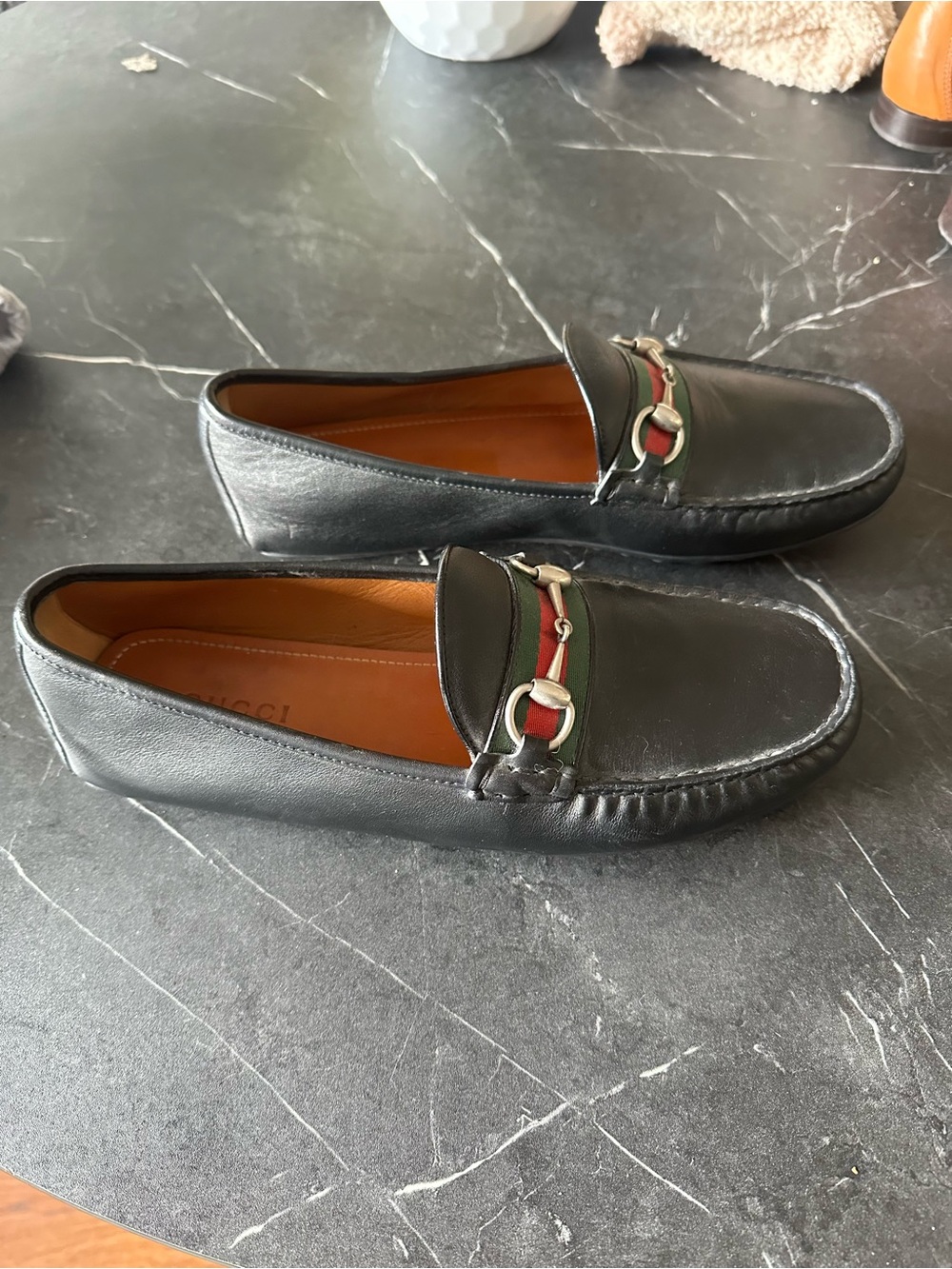Gucci Black Leather Loafers with Green & Red Web and Silver Horsebit